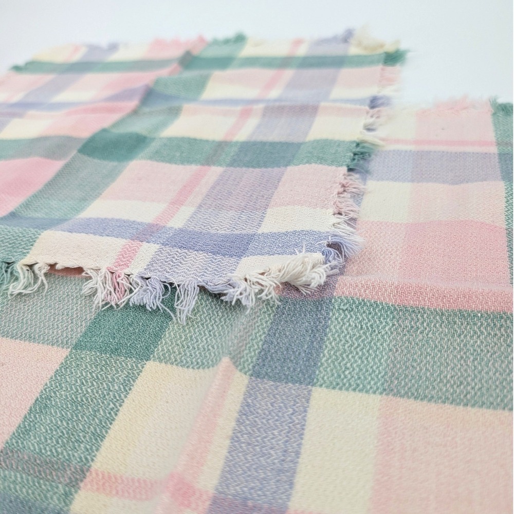 Vintage Pink Green Pastel Plaid Cloth Napkins Set of 2 Fringed Woven Linens 14" - Picture 2 of 4